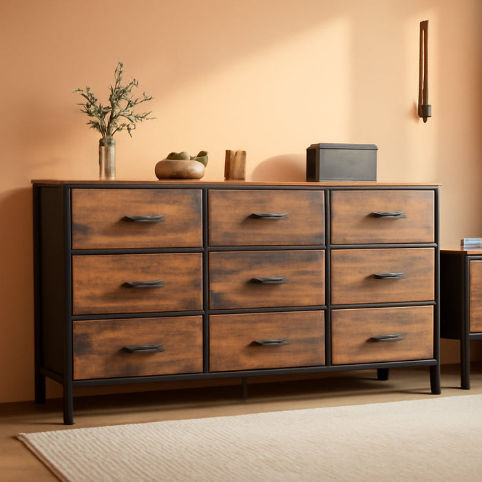 9 Drawer Dresser, 47 Inch Dresser TV Stand for 50, 55 Inch TV, Entertainment Center with Drawers, Fabric Dresser Chest of Drawer for Bedroom, Closet, Rustic Brown