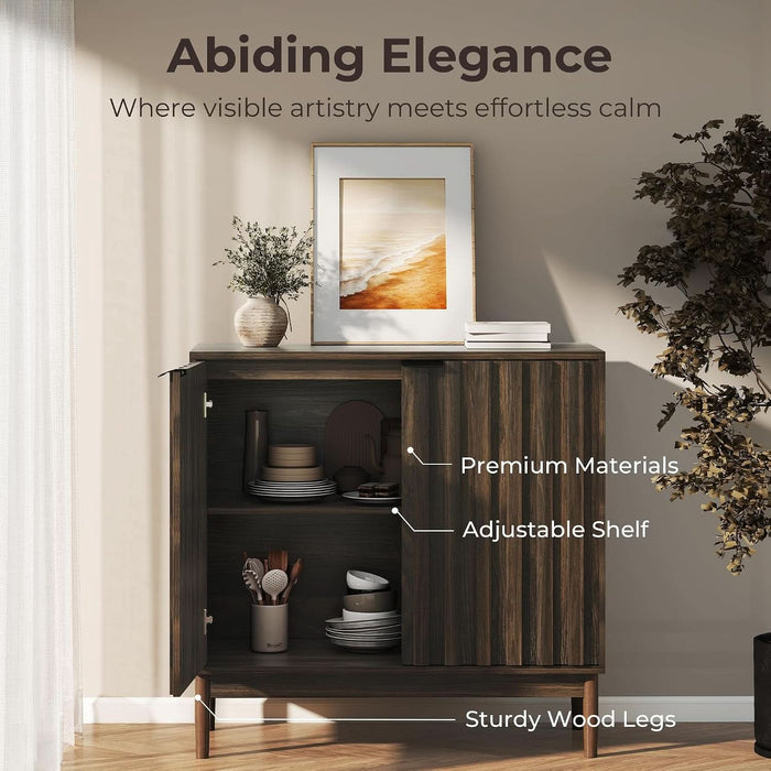 Fluted Buffet Cabinet with Storage, Small Accent Cabinet, Walnut