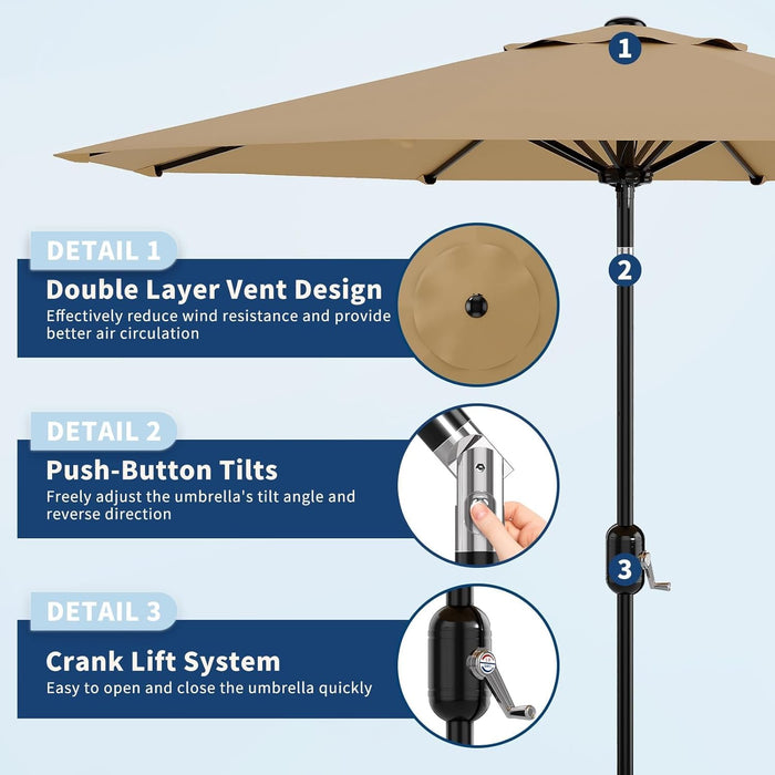 9FT Patio Umbrella 8 Sturdy Ribs Outdoor Table Umbrella, Tan