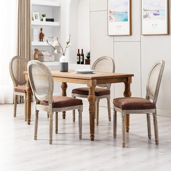 Farmhouse Leather Dining Chairs Set of 2 French Country Kitchen & Dining Room Chairs with round Mesh Rattan Back, Armless Upholstered Cane Kitchen Chairs for Restaurant/Living Room, Brown