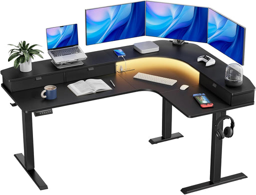 65″ L-Shaped Standing Desk with Power Outlets & LED Strip, Electric Height Adjustable Corner Computer Desk, Sit Stand up Desk with 3 Drawers, Black