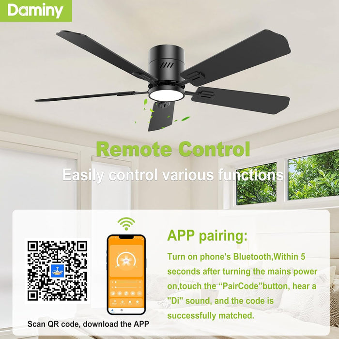 52 Inch 5 Blades Black Ceiling Fans with Lights,Flush Mount,6Cct, Low Profile Ceiling Fan with Light and Remote Control,Dc Motor,Ceiling Fan for Bedroom, Kitchen,Living Room,Indoor/Outdoor Use