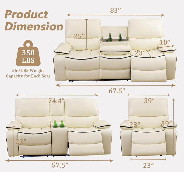 Power Recliner Sofa Set with Led/Storage, Leather Recliner Couch for Living Room, Leather Loveseat Set and Chair with Storage Console for Living Room/House/Apartment(Sofa+Loveseat+Chair)