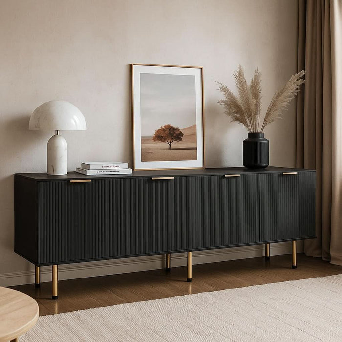 TV Stand for 80 Inch TV, Fluted TV Stand for Living Room, Mid Century Modern TV Stand with Adjustable Shelf, TV Entertainment Center with Storage for Bedroom, 70Inch, Black