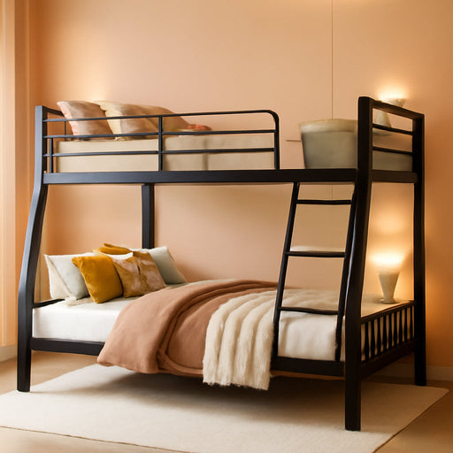 Full XL over Queen Bunk Bed for Adults, Heavy Duty Metal Queen Bunk Bed Frame with Reinforced Steel Slats, Full-Length Guardrails & Anti-Slip Ladder, Noise-Free, No Box Spring Needed, Black