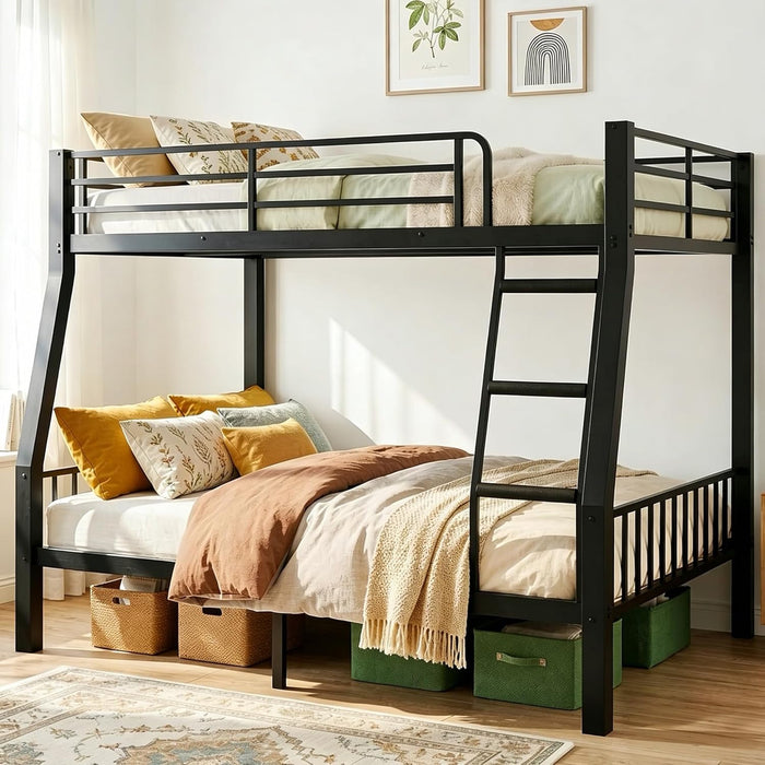 Full XL over Queen Bunk Bed for Adults, Heavy Duty Metal Queen Bunk Bed Frame with Reinforced Steel Slats, Full-Length Guardrails & Anti-Slip Ladder, Noise-Free, No Box Spring Needed, Black