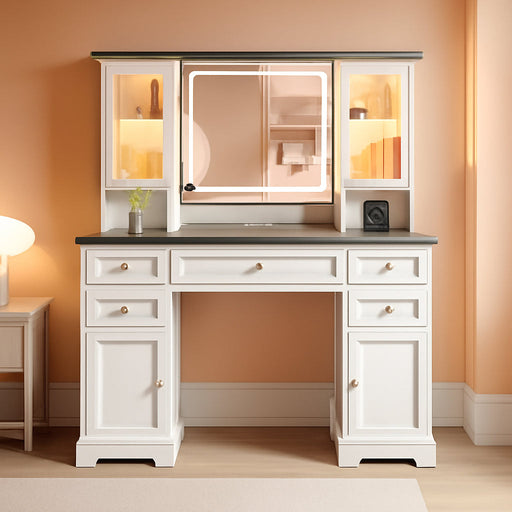 White Farmhouse Vanity Desk With Illuminated Mirror