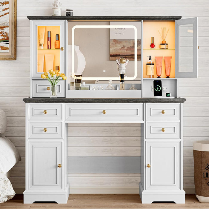White Farmhouse Vanity Desk With Illuminated Mirror