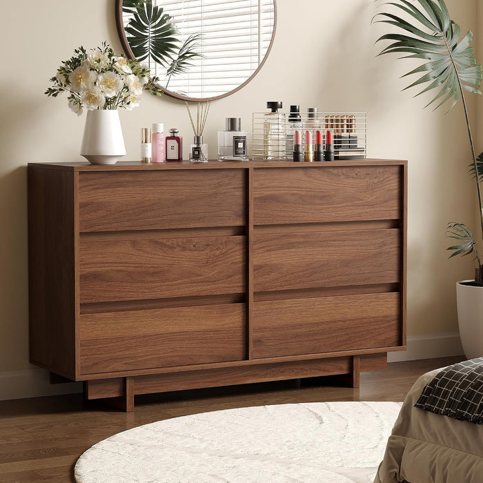 6 Drawer Walnut Dresser for Bedroom, 47" Wide Mid Century Modern Dresser
