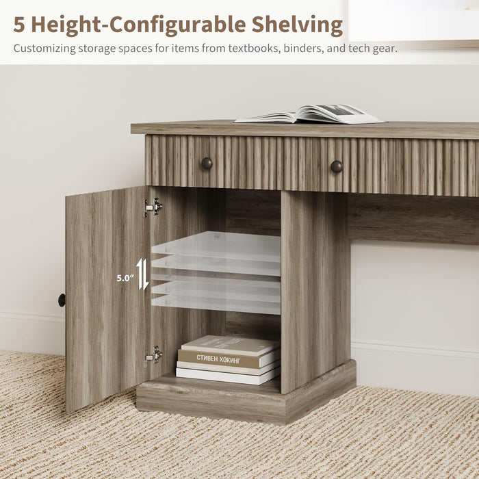 Fluted Home Office Desk Storage, 60" Modern Executive Desk with Charging Station, Wooden Computer Writing Desk with File Cabinet & Drawers for Study, Living Room, Bedroom