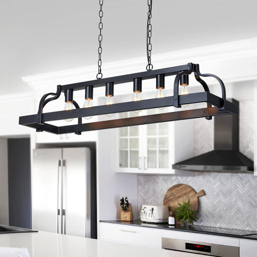 6-Light Metal Pot Hanging Rack Chandelier Linear Pendant Ceiling Lighting Rustic Farmhouse Fixture Kitchen Island Dining Room, H 9.8" L 40.6" W11.8, E26 Base, Black