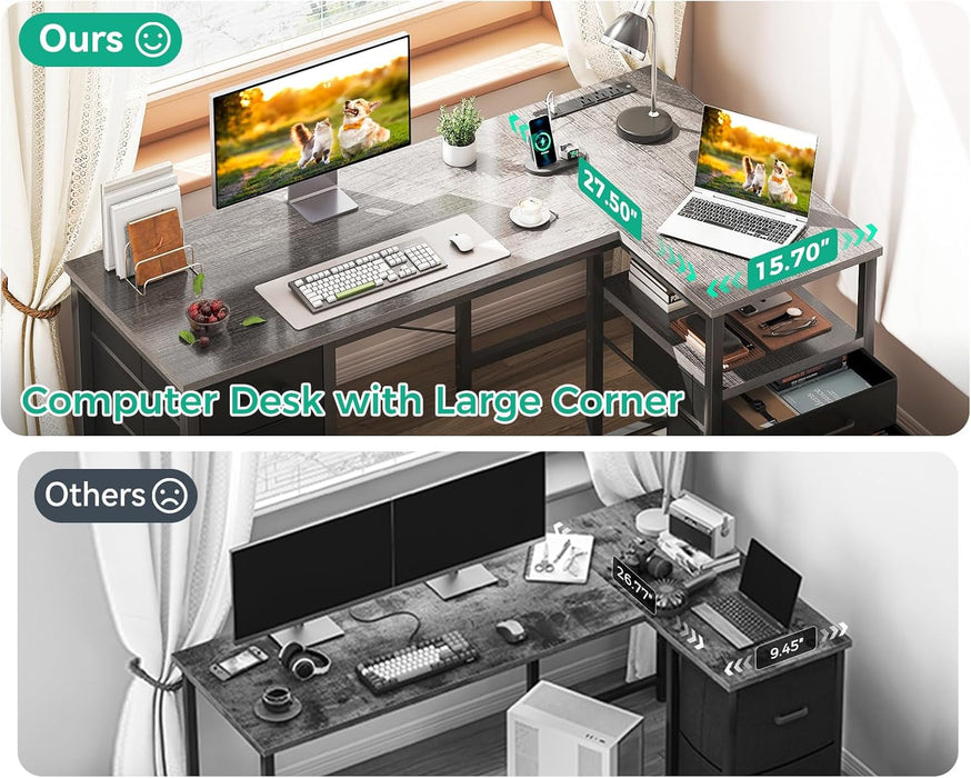 L Shaped Computer Desk with 6 Drawers & Power Outlet, 55 Inch Corner Desk with Reversible Storage Shelf & File Drawer, Home Office Desk, Grey Oak