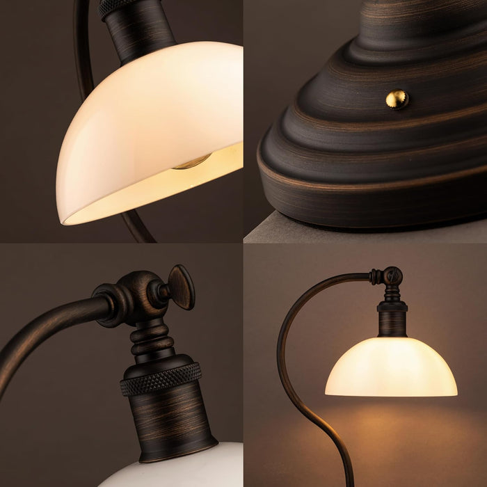 Bankers - Cordless LED Table Lamp, Battery-Operated, Rechargeable, 3-Level Dimming, Universal USB-C Charging, 180° Swivel Head, White Jade Glass Shade, Oil Rubbed Bronze