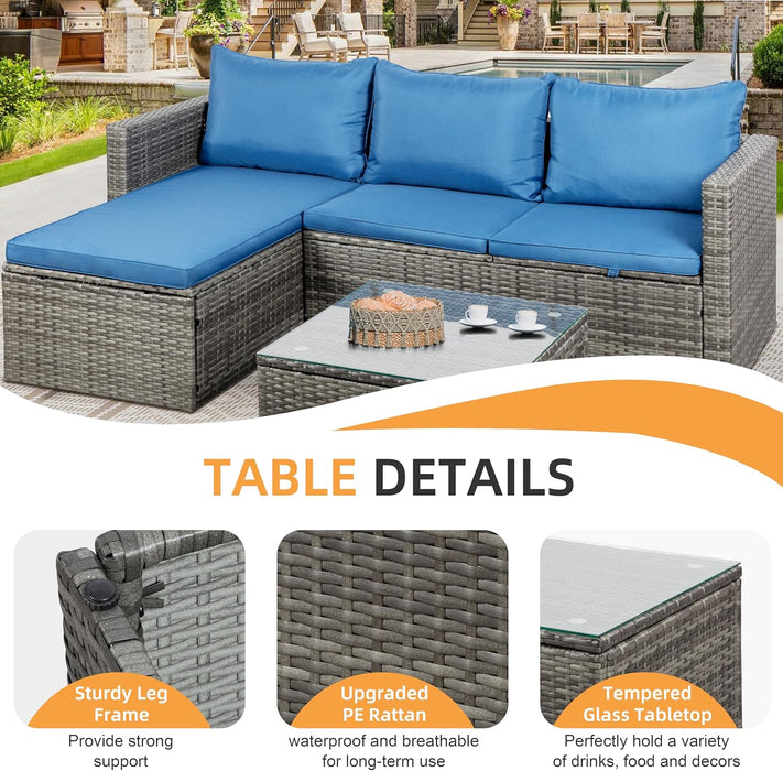 Outdoor Patio Furniture Sets, Small Outdoor Sofa Patio Sectional Sets 3-Piece All Weather Wicker Rattan Patio Seating Sofas with Glass Coffee Table and Cushion (Blue)