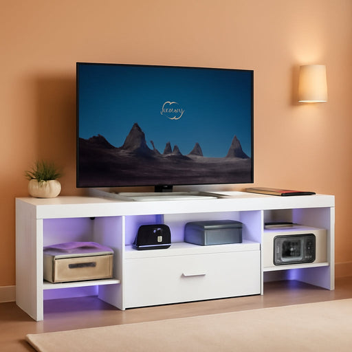 LED TV Stand with Power Outlets to 65 Inch TV, Gaming Entertainment Center with Glass Shelves and Large Drawer, Modern Media TV Console Table for Living Room Bedroom, White WT14UDDS01