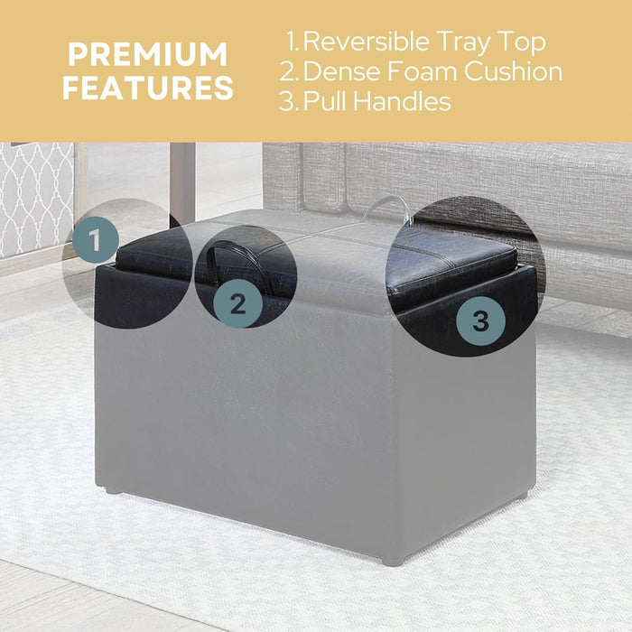 Designs4Comfort Accent Storage Ottoman 22.75" - Modern Foot Stool with Decorative Tray for Living Room, Dining Room, Office, Black Faux Leather