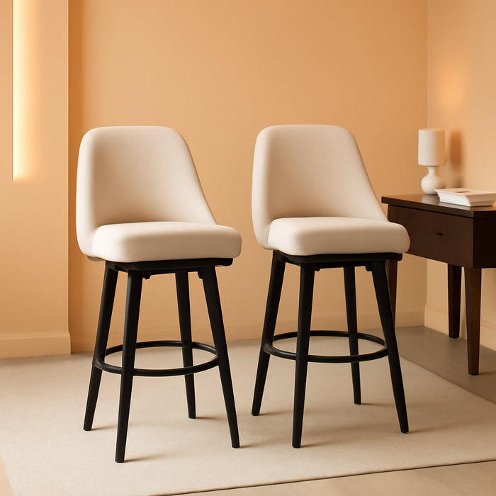 Bar Height Bar Stools Set of 2, Modern 360° Swivel Barstools, 29.5 Inch Seat Height Upholstered Kitchen Chairs with Steel Legs and Footrest, Cream White
