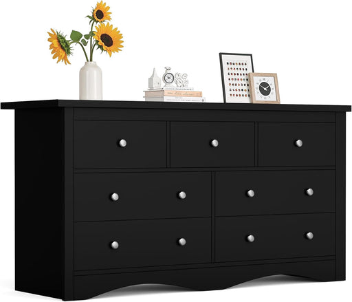 Dresser for Bedroom, 7 Wood Dresser, Chest of Drawers, for TV up to 65 Inch, TV Stand Storage Chest of Drawers for Hallway Entryway (Black)