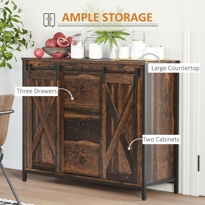 Industrial Farmhouse Buffet Cabinet, Kitchen Sideboard with Sliding Barn Doors, Three Drawers and Adjustable Shelves for Living Room, Rustic Brown