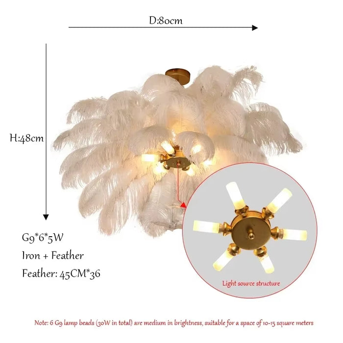 Luxury LED Ostrich Bird Feather Chandelier Lamp White Living Room Ceiling Light Home Decoration Hanging Lighting Fixture