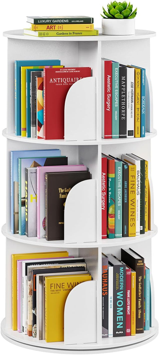 Three Tier Rotating Bookshelf Tower White 37.8Inches