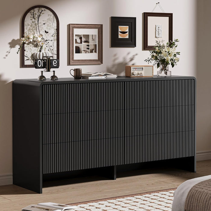 55" Wide Modern Curved 6 Drawer Dresser，Black