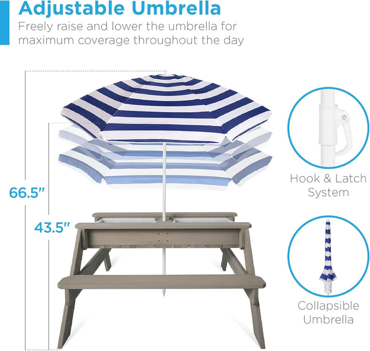 Kids 3-In-1 Sand & Water Table, Wood Outdoor Convertible Picnic Table W/Umbrella, 2 Trays, Removable Top - Gray/Navy