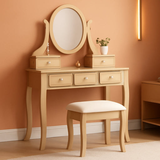 Ashley Wood Makeup Vanity Table and Stool Set, Gold