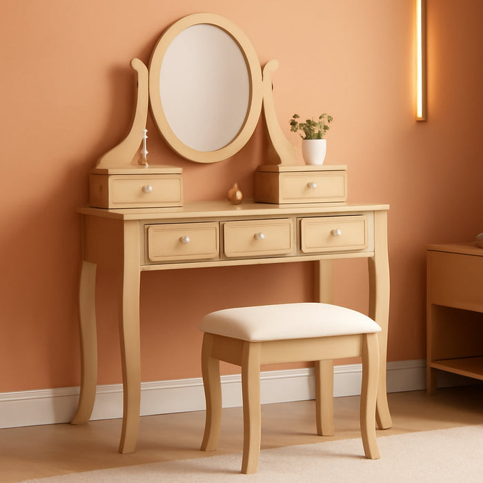 Ashley Wood Makeup Vanity Table and Stool Set, Gold