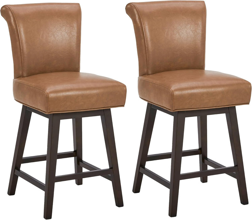 26 Inch Counter Height Swivel Bar Stools Set of 2, FSC Certified Modern Upholstered Faux Leather Swivel Barstool Chair with Back, Saddle Brown