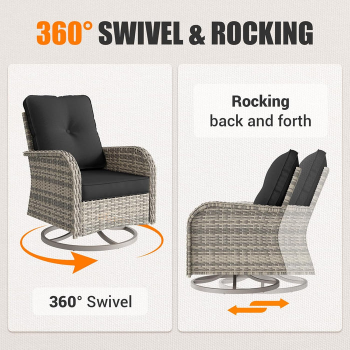 7Pcs Patio Rocking Swivel Chair with 55,000 BTU Fire Pit Table Outdoor Wicker Rattan Bistro Set with Tempered Glass Side Table, Outdoor Patio Furniture Set for Garden and Balcony, Dark Grey