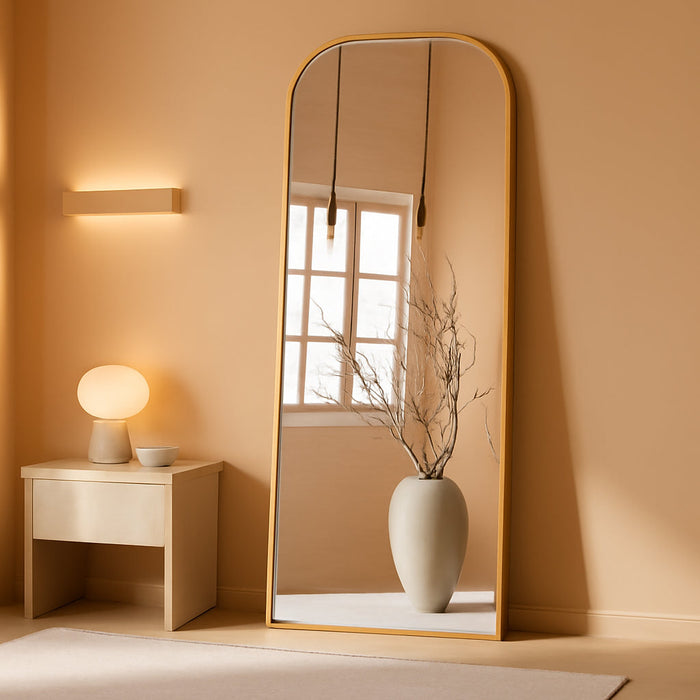 Full Length Mirror, 56"X21" Mirror Full Length with Stand, Gold Domed Top Square-Edged Floor Mirror with Aluminum Alloy Frame for Bedroom Living Room