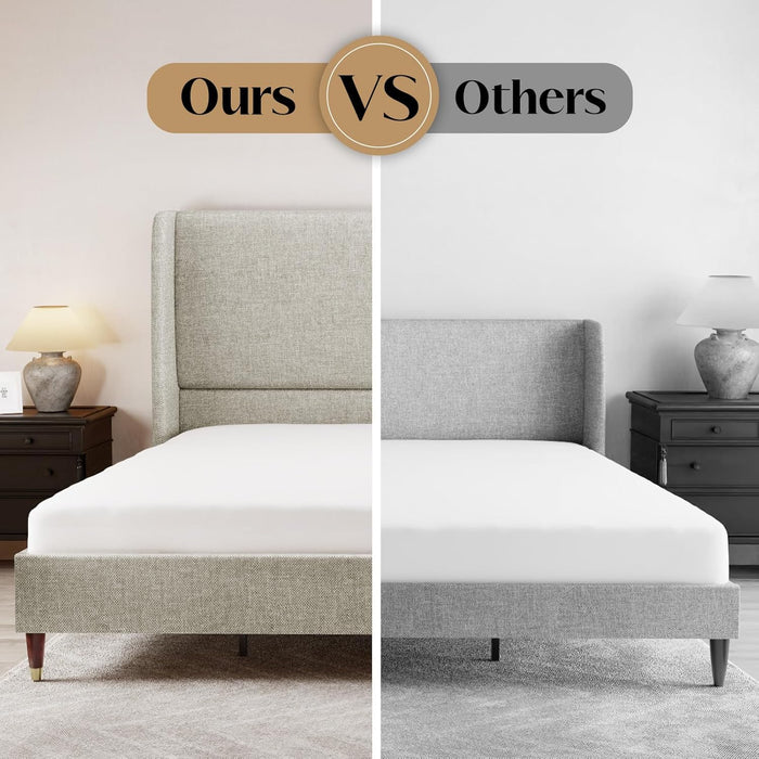 King Size Bed Frame with 51.2" Wingback Headboard, Upholstered Modern Tall Platform Beds, Solid Wood Legs, Easy Assembly, No Box Spring Needed, Soft Linen Bedroom Furniture, Light Khaki