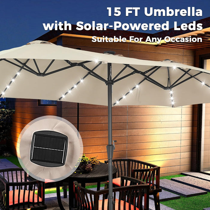 15Ft Double Sided Patio Umbrella with Solar Lights, Outdoor Large Umbrellas with Crank Handle and 48 LED Lights, Rectangular Market Umbrella with Base Included for Deck Pool Shade