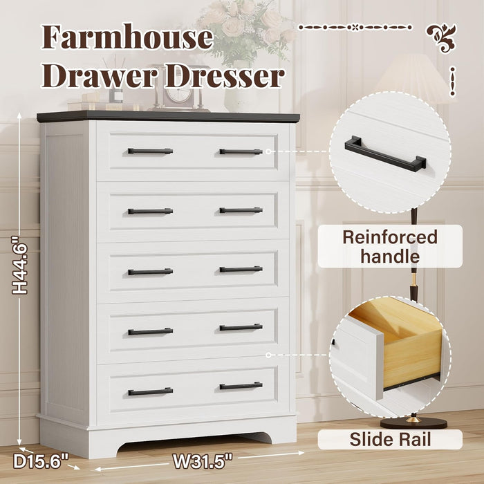 Farmhouse Dresser White Five Drawer FiftyTwo Inches