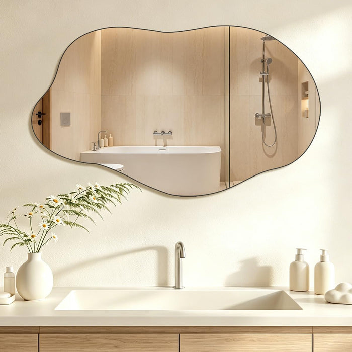 Irregular Cloud Pebble Wall Mirror 19.7X33.5 Inch Asymmetrical Frameless Aesthetic Decor Mirror Luxury Vanity Mirror for Living Room Bedroom Bathroom Entryway Passageway (Cloud)
