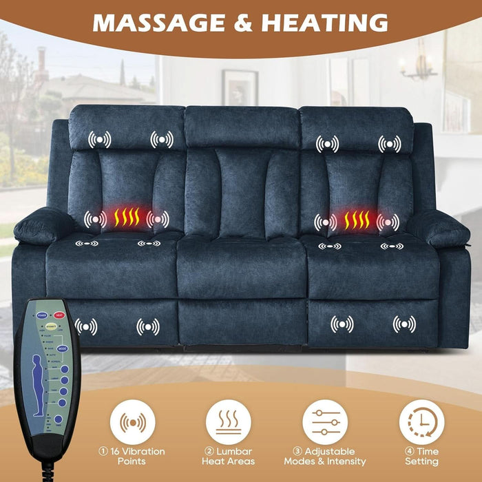Power Reclining Sofa with Heat and Massage, Electric Reclining Couch with Drop down Table,Cup Holders, Dual Ports, Wall Hugger Recliner Sofa for Living Room,Home Theater (Blue, Sofa)