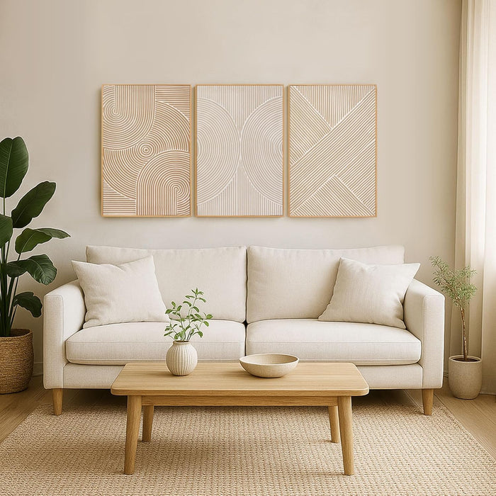 Neutral Minimalist Textured 3D Wall Art Abstract Hand-Painted Framed Wall Decor Geometric Artwork Canvas Paintings- Living Room Bedroom Office - Modern Boho Neutral Line 16"X24" 3 Piece