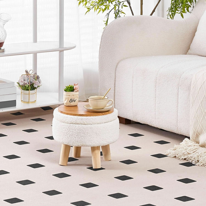 Storage Ottoman, Modern round Footrest with Soft Padded Seat, Teddy Velvet Footstool with Wood Legs, Accent Small Table or Plant Stand for Hallway, Living Room (Cream)