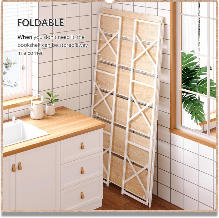 Extra Wide 6 Tiers No Assembly Book Shelves, 61.8" H Folding Bookshelf Bookcase Open Industrial Foldable Shelves for Bedroom, Living Room, Home Office - Natural White