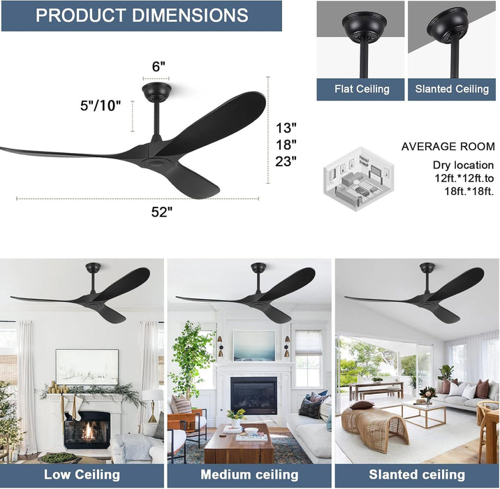 Premium 52 Inch Black Ceiling Fan With Remote Control