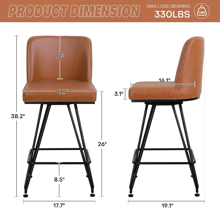 Swivel Bar Stools Set of 4, 26 Inch Counter Height Barstools, Faux Leather Bar Stool with Backs and Solid Metal Legs, Industrial Heavy Duty Counter Stools for Kitchen Island, Pub, Brown