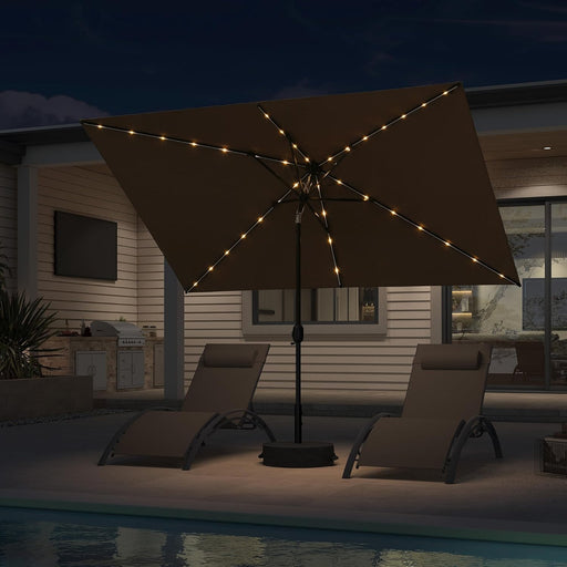 6.5' X 10' Rectangular Patio Umbrella with Solar LED Outdoor Table Umbrella Aluminum Frame Market Umbrella Sun Umbrella for Garden Deck Lawn Pool Taupe