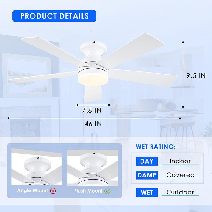White Ceiling Fans with Lights - 46" Flush Mount Low Profile Ceiling Fan Light with 5 Double-Sided Blades, 6 Speeds 3CCT Reversible Motor, Modern Ceiling Fan for Indoor/Outdoor Patios