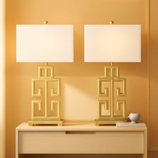 Lighting Collection – Greek Key Table Lamp Set of 2 – Antique Gold Metal Base with White Fabric Shade, LED Bulbs Included, 29-Inch Bedroom Living Room Desk Lamps (LIT4305A-SET2)