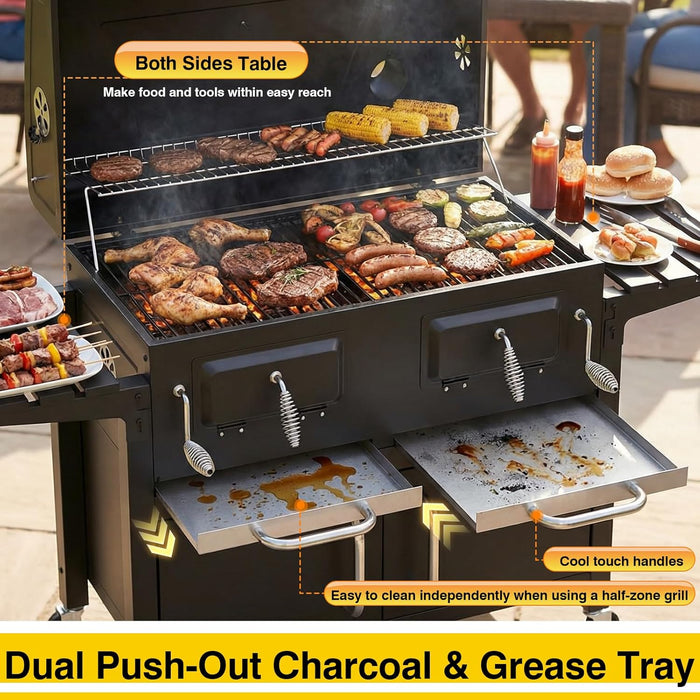 63" Oversized Charcoal BBQ Grill & Smoker, Large Outdoor Grill with 2 Individual Lifting Charcoal Trays, Cabinet-Style Charcoal Grills with Foldable Side Tables, 4 Wheels, Asadores De Carbon