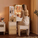 Vanity Desk with Mirror and Lights, Makeup Vanity with Power Outlet, 3 Color Adjustable Light, Dressing Table with 4 Drawers, Storage Shelves & Stool for Bedroom, White