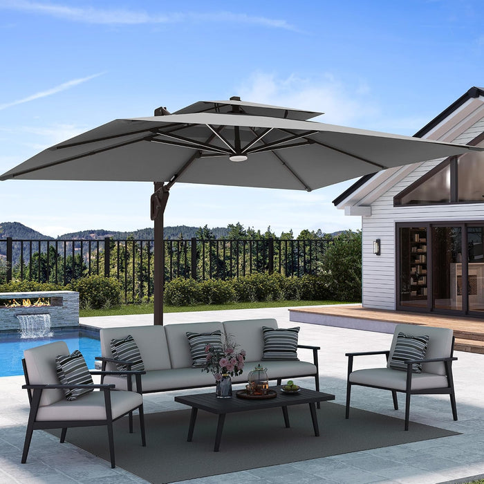 9' X 12' Patio Cantilever Outdoor Umbrella with Base and LED Lights