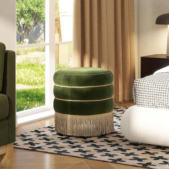 Edward 17.5" round Upholstered Ottoman with Bullion Fringe, Olive Green Performance Velvet