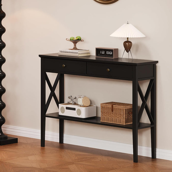 Console Table with Drawers, Narrow Wood Accent Sofa Table Entryway Table with Storage Shelf for Entryway, Front Hall, Hallway, Living Room, Black